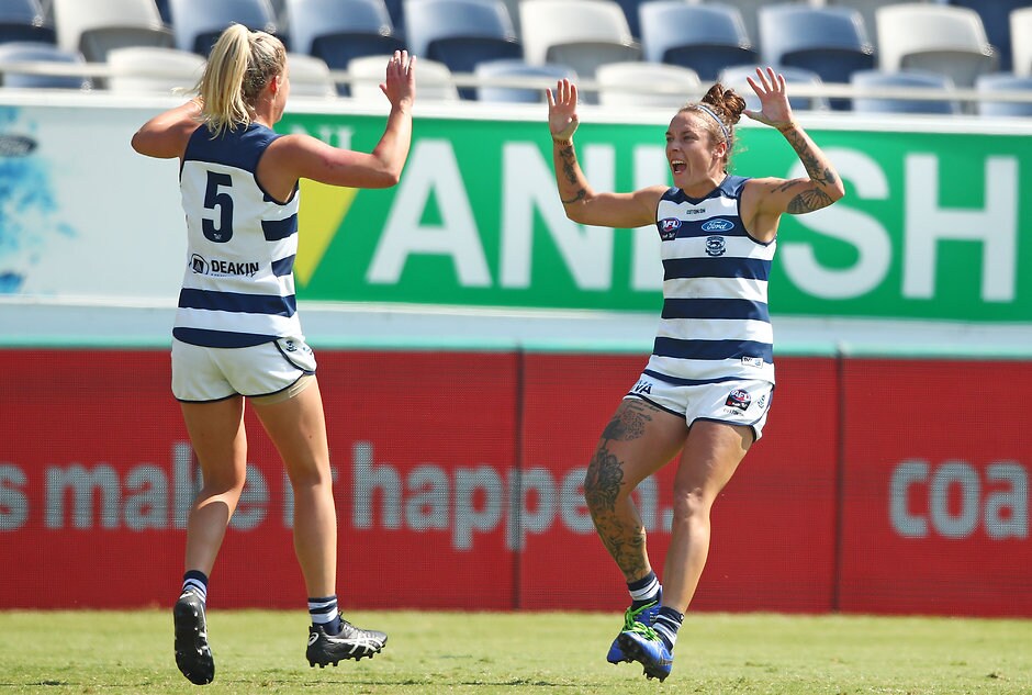 AFLW 2019 Round 06 - Geelong v Fremantle GEELONG, AUSTRALIA - MARCH 09: Mia-Rae Clifford of the Cats celebrates after kicking a goal during the round six AFL match between the Geelong Cats and the Fremantle Dockers at GMHBA Stadium on March 09, 2019 in Geelong, Australia. (Photo by Scott Barbour/Getty Images)